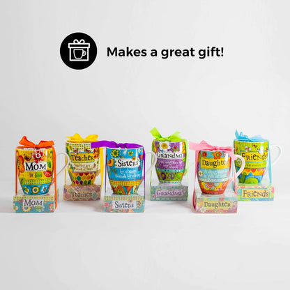 Sister Coffee Cup - Christian Ceramic Coffee Mug with Scripture and Notepad for Sister Gifts That Is Colorful and Dishwasher Safe