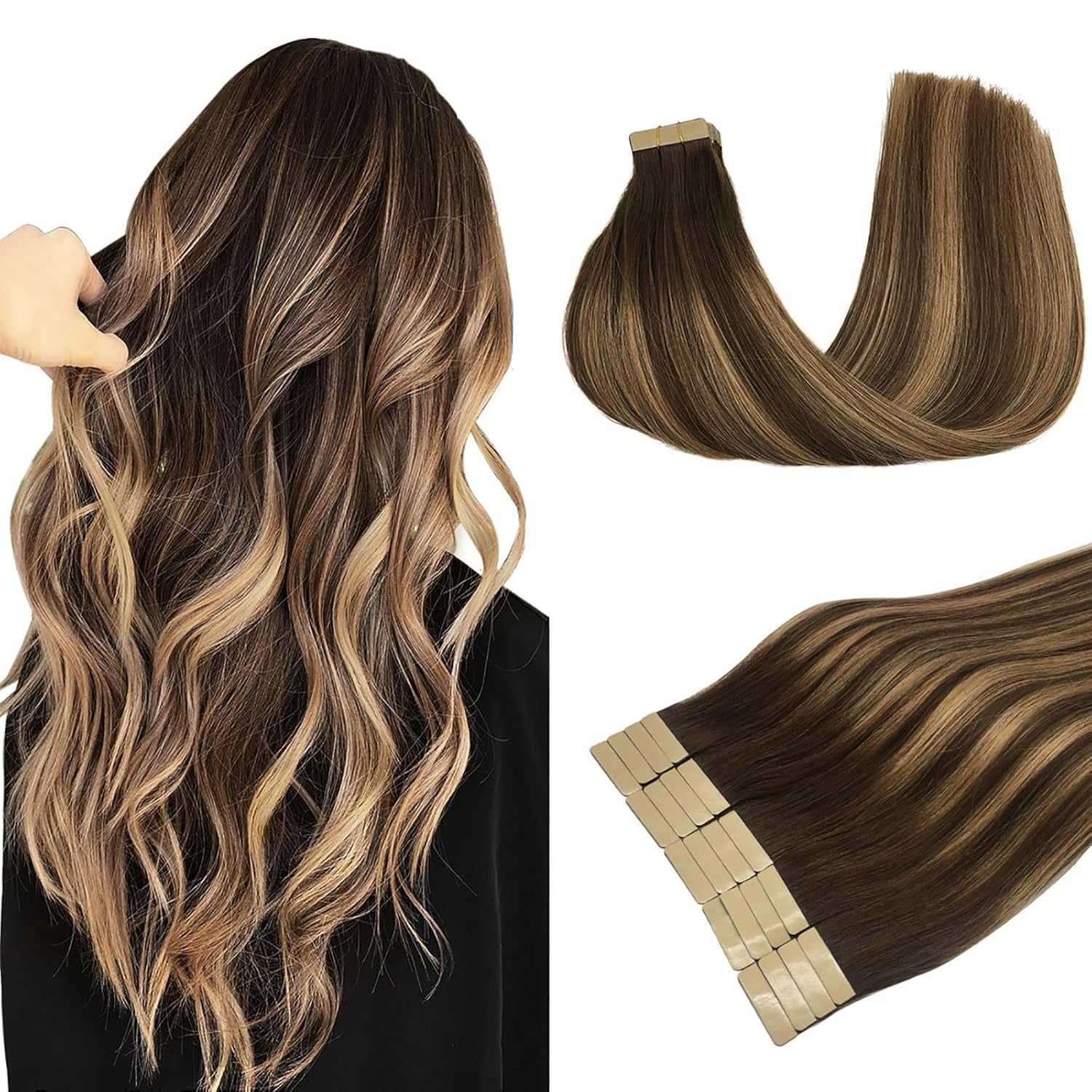 Hair Extensions Tape in Human Hair Balayage Chocolate Brown to Caramel Blonde Real Tape in Hair Extensions Human Hair Straight Remy Hair Extensions 50G 20Pcs 14 Inch